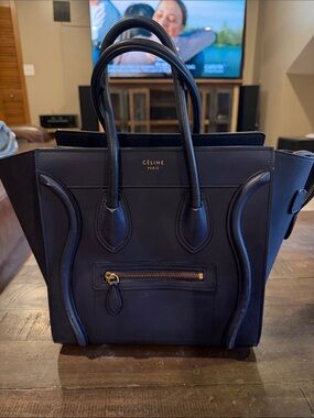 Celine Navy Blue Mini Luggage Tote with Gold Hardware